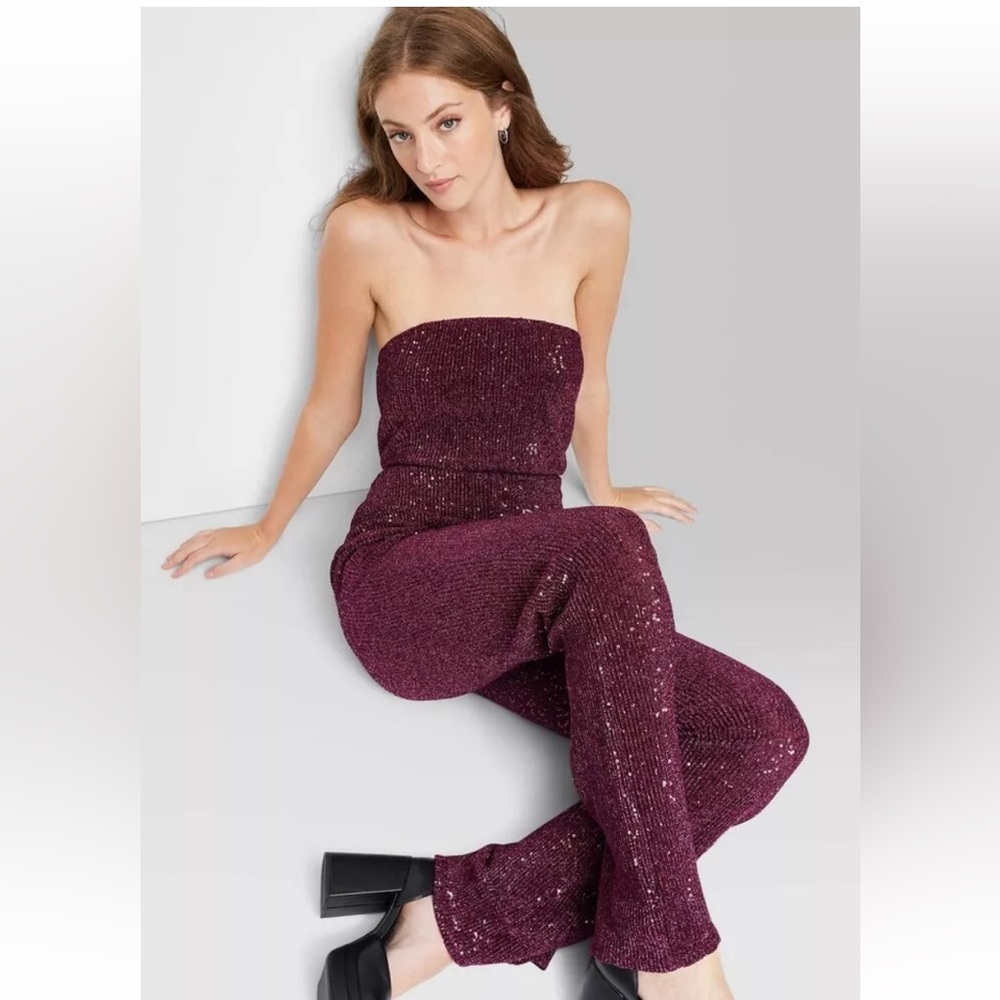 Wild Fable Women's Sequin Mesh Jumpsuit - Burgundy L NWOT